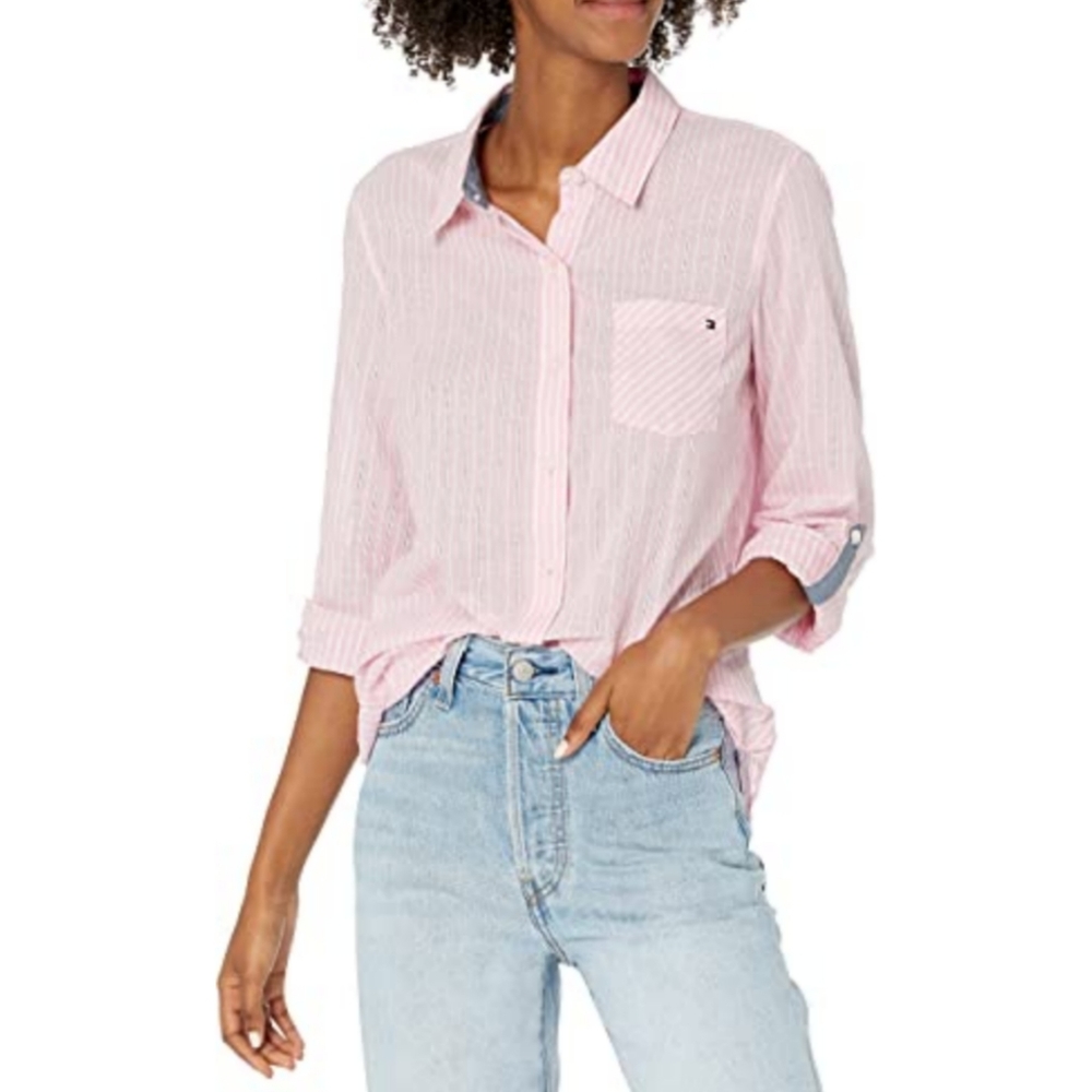 Tommy Hilfiger Women's Classic Button-Up Collared Roll Tab Shirt Size M